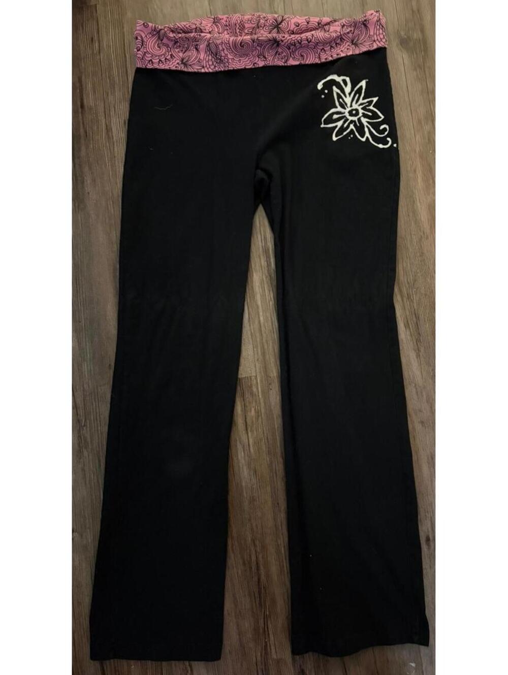 Vintage Y2K Pink Black Fold Over Leggings M Hand Painted